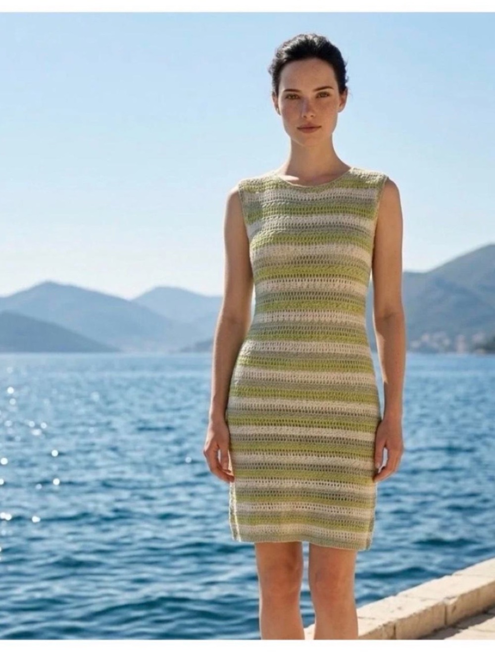 American Eagle Striped Knit Dress in Green and Cream